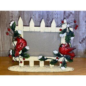 Cardinal-Themed Metal Picture Frame Holly Berries Decoration Winter Picket Fence
